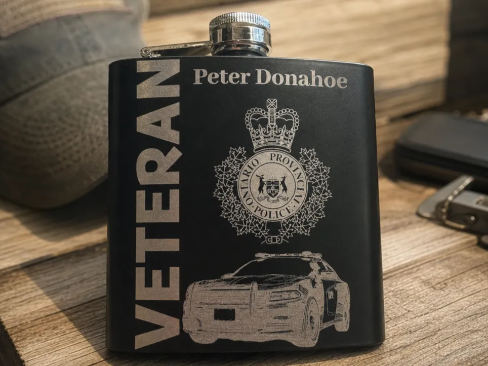 Black Ontario Provincial Police Veteran Flask with Patrol Car Graphic