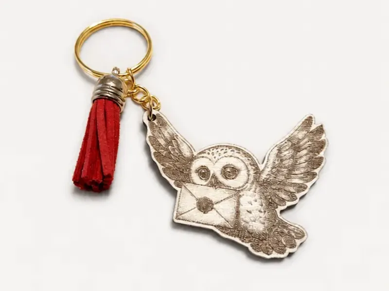 Porte-clés hedwige avec lettre et pompon rouge inspiré de l'univers d'harry potter
