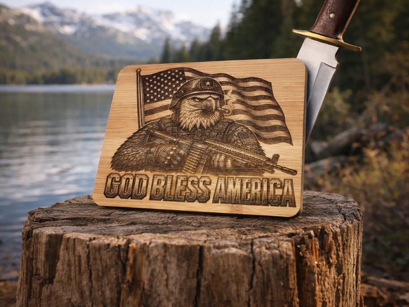 God Bless America Patriotic Eagle Soldier Wooden Plaque