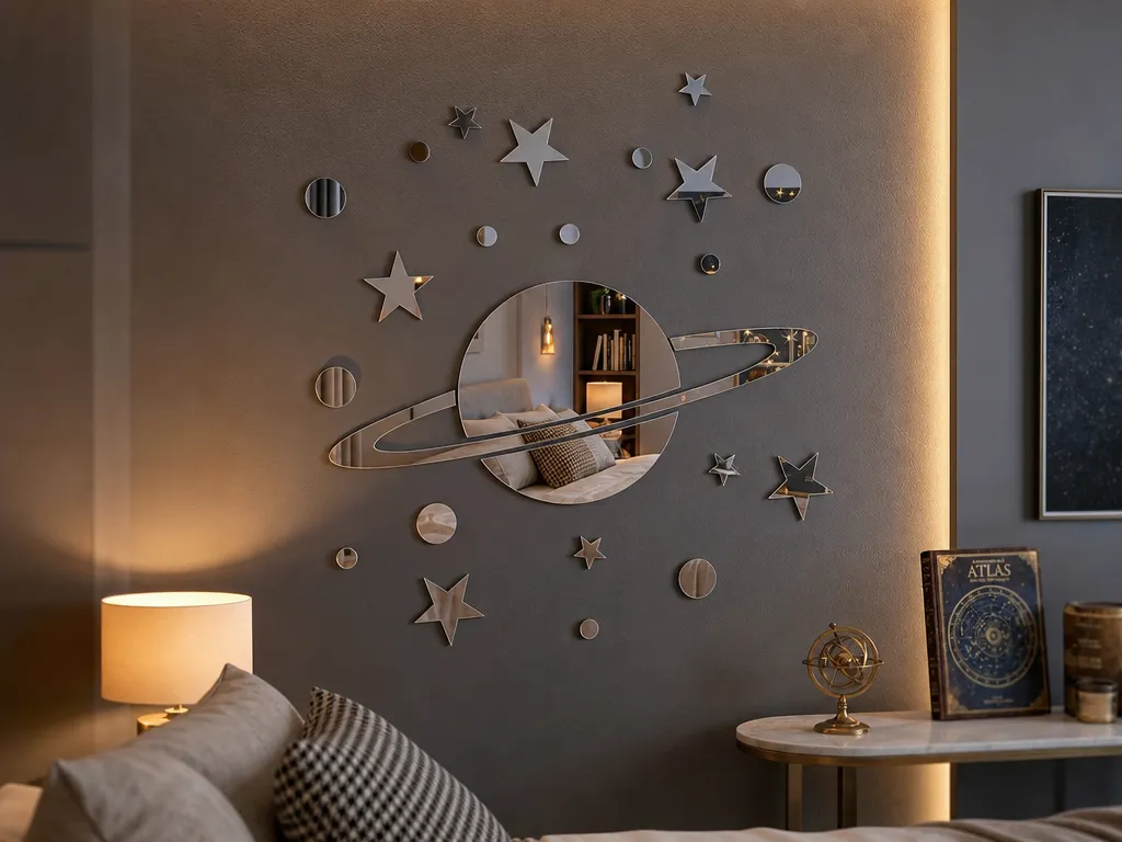 Miroir mural en forme de planète avec étoiles