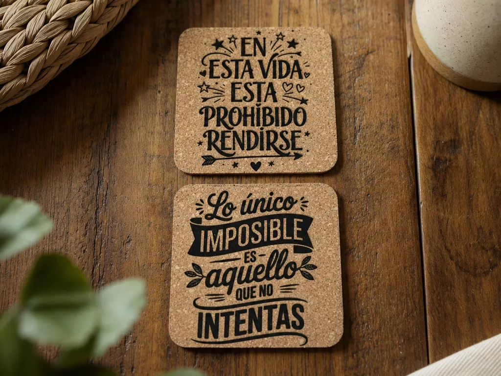 Posavasos de corcho con frases motivacionales