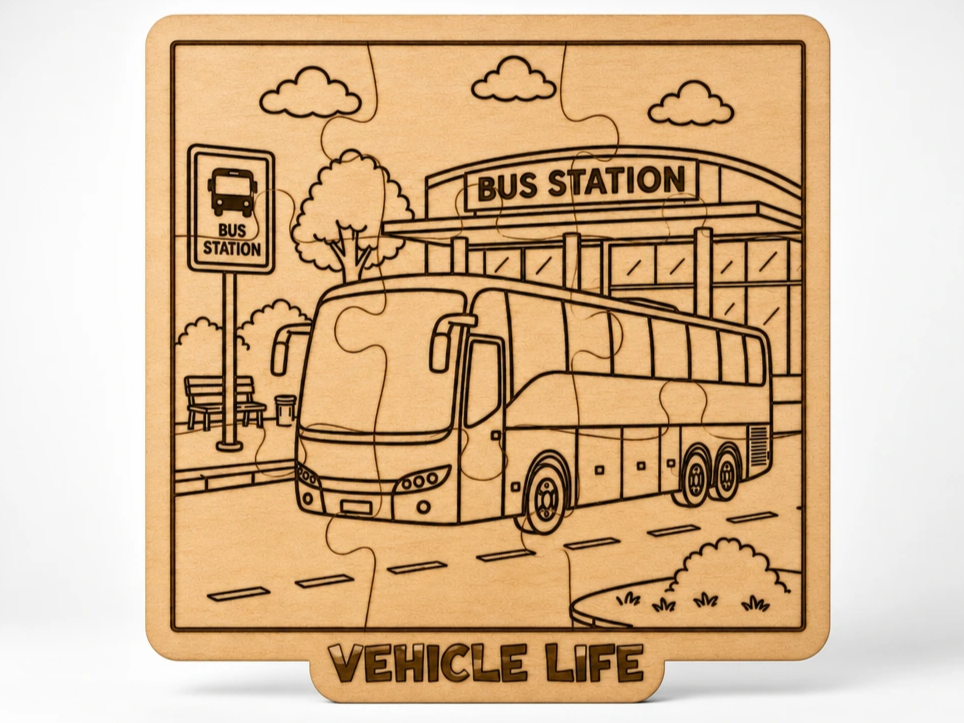 Coach Bus Transportation Puzzle SVG & XCS | Vehicle Life Laser Cut Wooden Puzzle | Kids Learning Toy | Montessori Vehicle Collection