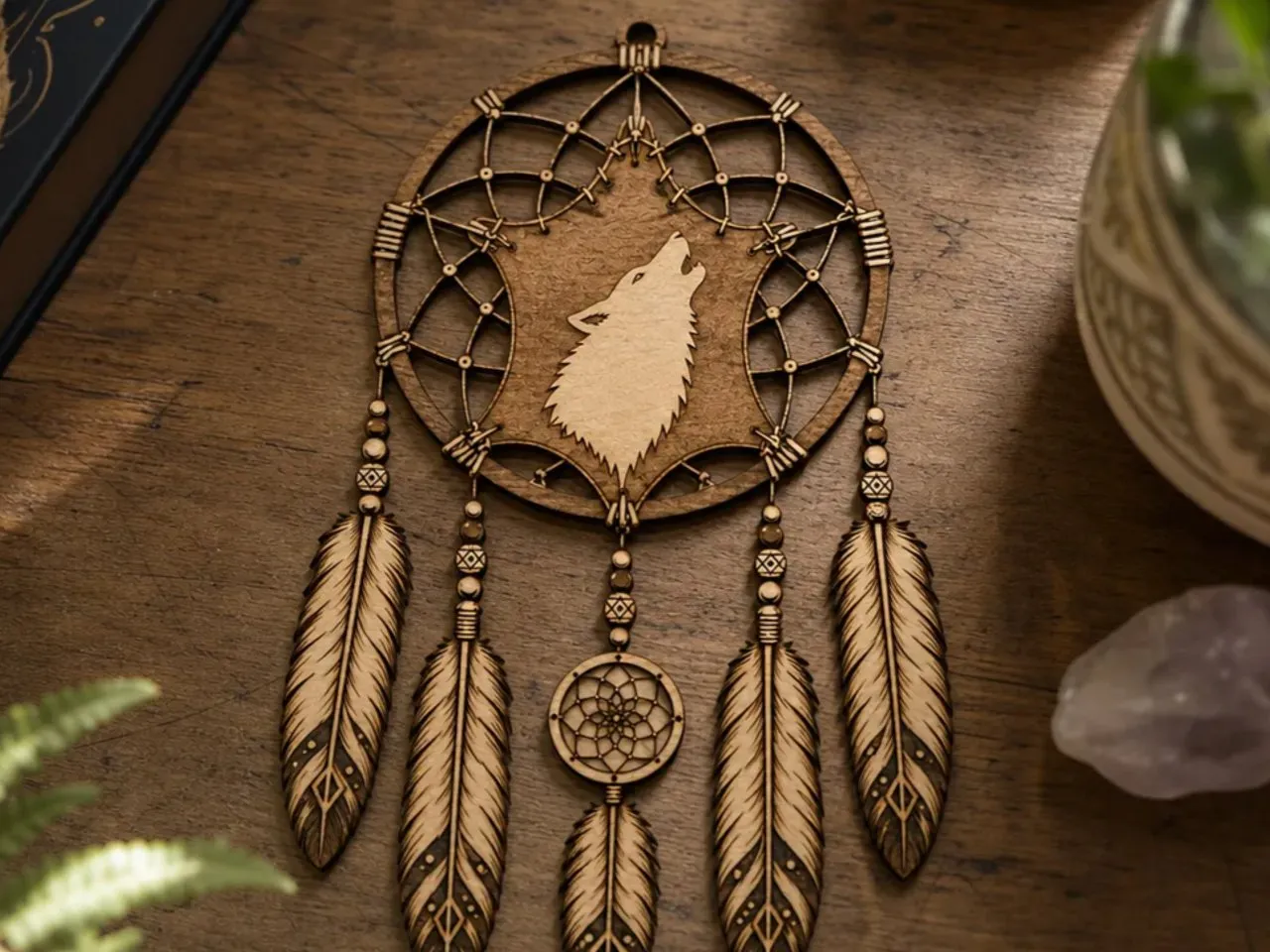 [Laser cut and engrave] Wolf Dreamcatcher Wall Hanging with Feather Accents