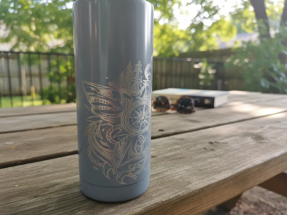 Light Blue Stainless Steel Insulated Tumbler with Nautical Shark and Compass Motif