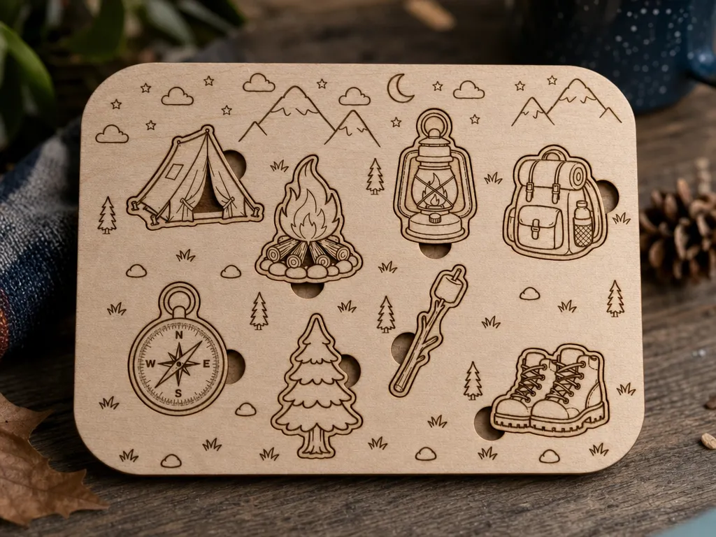 Camping Adventure Kids Wooden Activity Puzzle | 8 Piece Outdoor Puzzle Board | Laser Cut