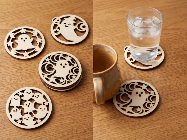 Halloween Ghost and Moon Pattern Wooden Drink Coasters