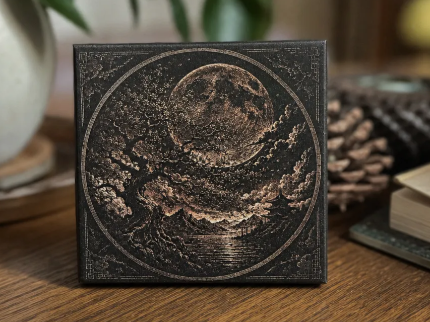 Square wall art featuring a moonlit landscape with a tree and mountains