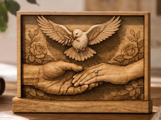 gravure sur bois représentant des mains entrelacées avec une colombe symbole de paix et d'amour