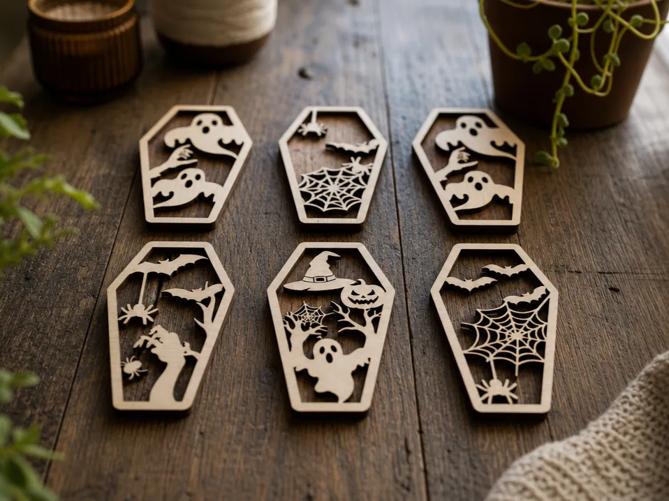 Halloween Coffin Shaped Cutout Ornaments with Spooky Motifs