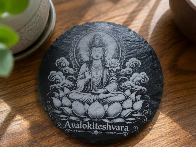 Sous-verre en ardoise ronde avec motif bouddhiste Avalokiteshvara