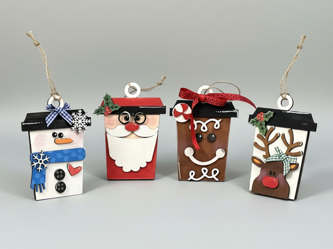 Christmas Coffee Cup Gift Card Holder Hanging Ornaments Featuring Santa, Reindeer, Snowman, and Gingerbread Designs