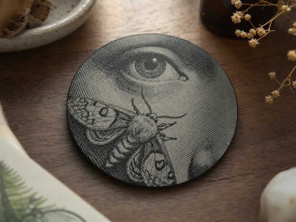 Moth wings framing a human eye in vintage engraving style on round coaster