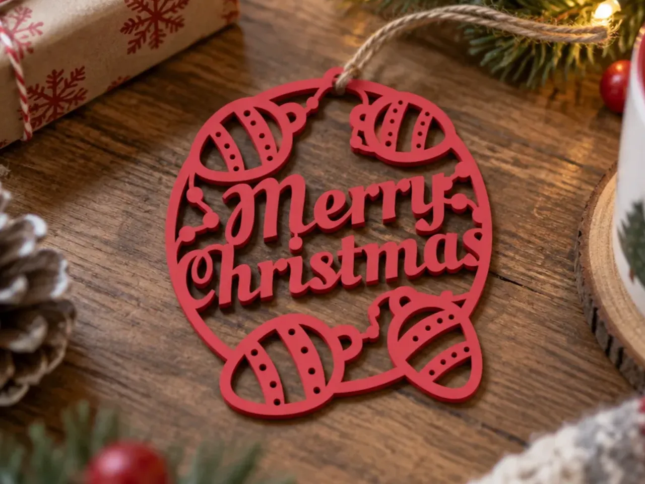 [Laser cut and engrave] Red Merry Christmas Ornament with Bauble Motifs