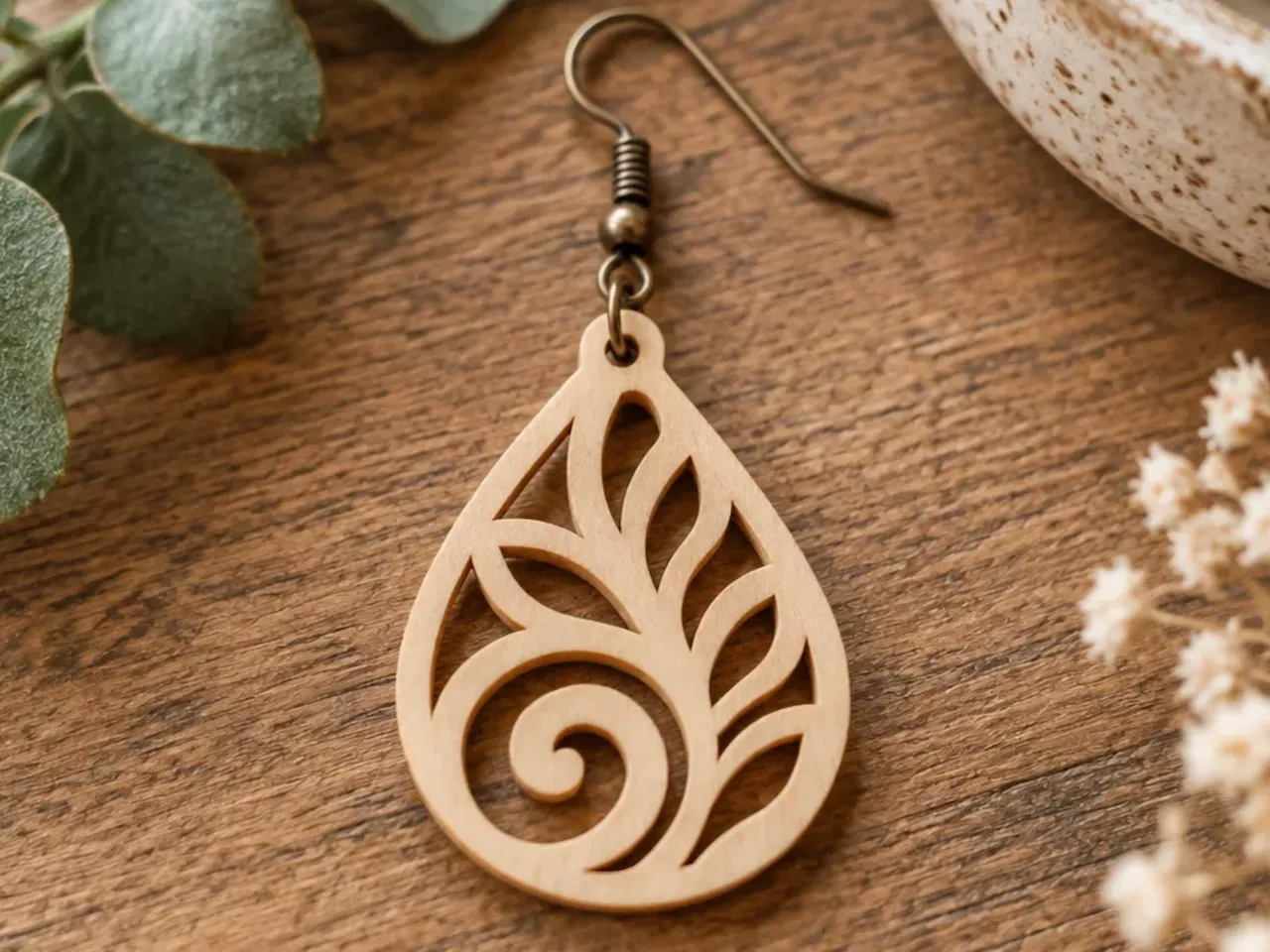 [Laser cut and engrave] Teardrop shaped wooden earring with intricate leaf cutout pattern