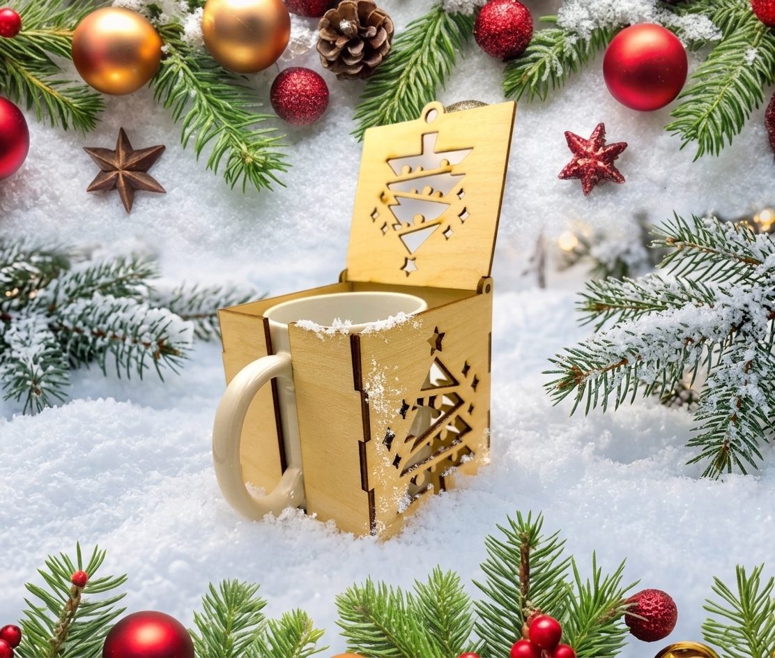 [Laser cut and engrave] Boîte en bois pour tasse avec motif de sapin de Noël