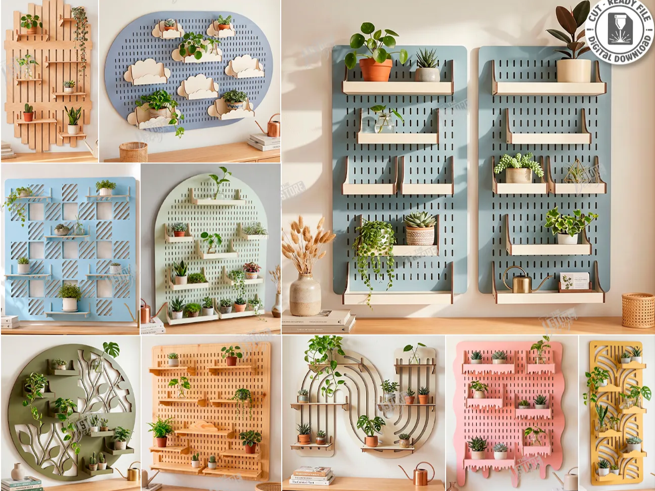 Wall Mounted Pegboard Display Shelves for Indoor Plants and Home Organization Laser Cut Bundle