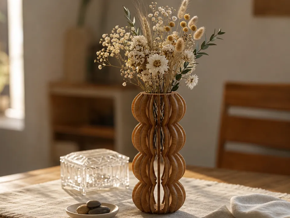 Modern Slatted Wooden Vase Laser Cut File. Wooden Wildflowers Vase Stand. 3D Layered Floral Centerpiece Patterns