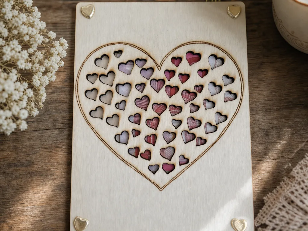 Holzkarte mit Herzmotiv und ausgestanzten Herzen