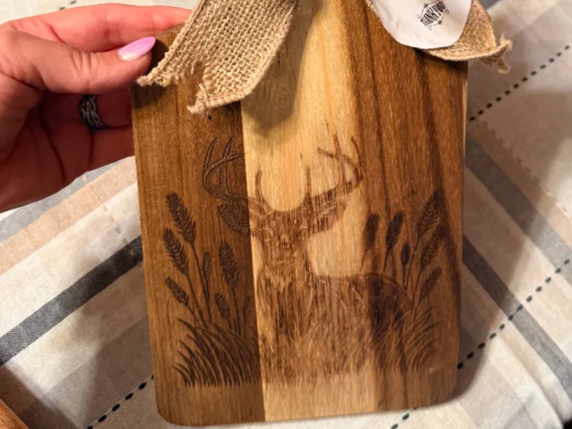 Small Wooden Cutting Board with Deer and Grass Motif