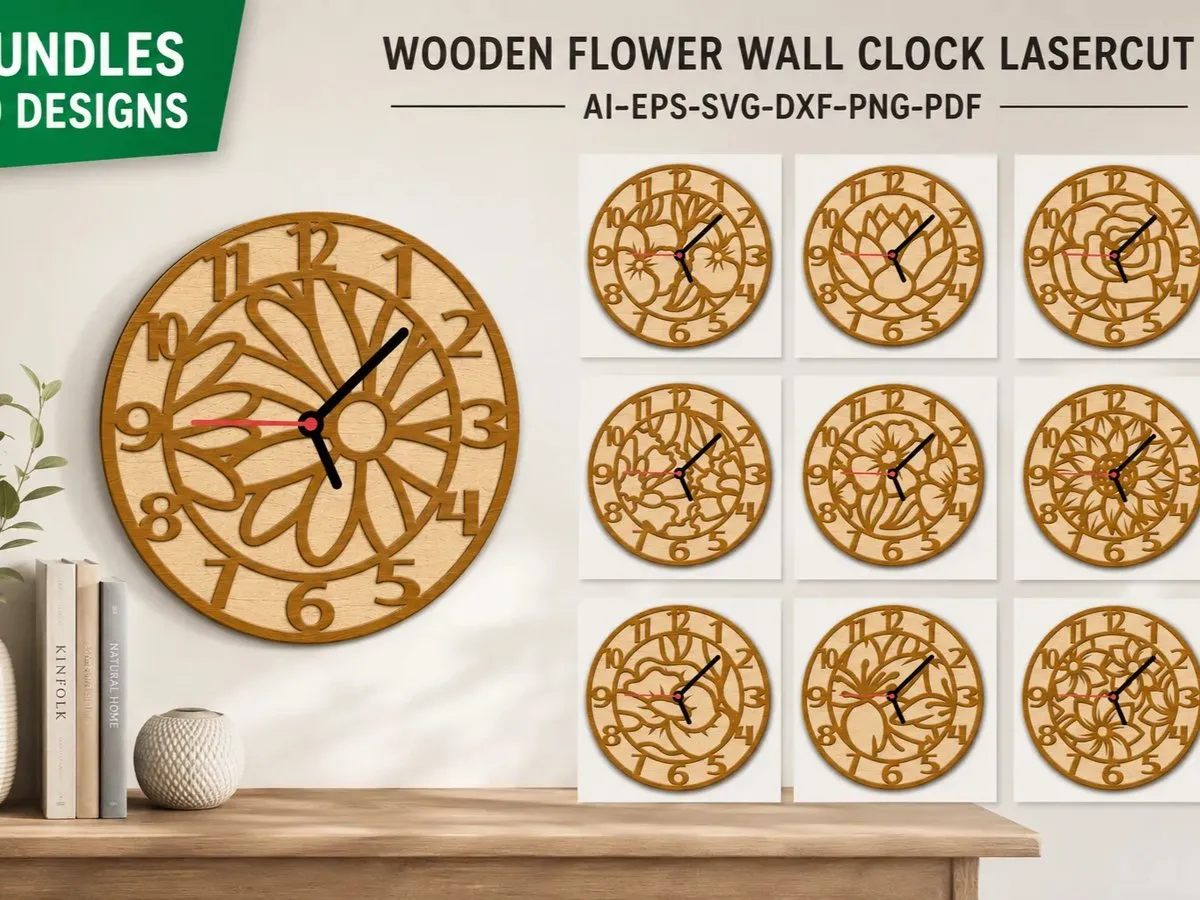[Laser cut and engrave] Wooden Flower Wall Clock Lasercut 10 Designs