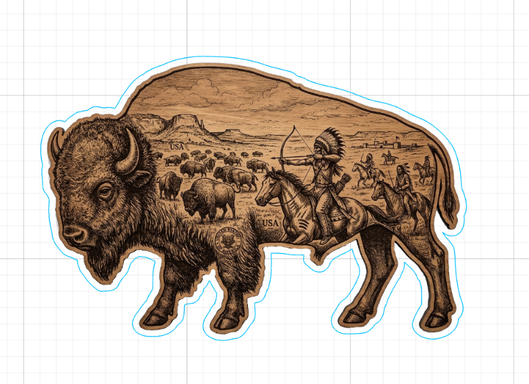 [Laser cut and engrave] American Bison Silhouette Wall Art Featuring Native American Hunter Scene