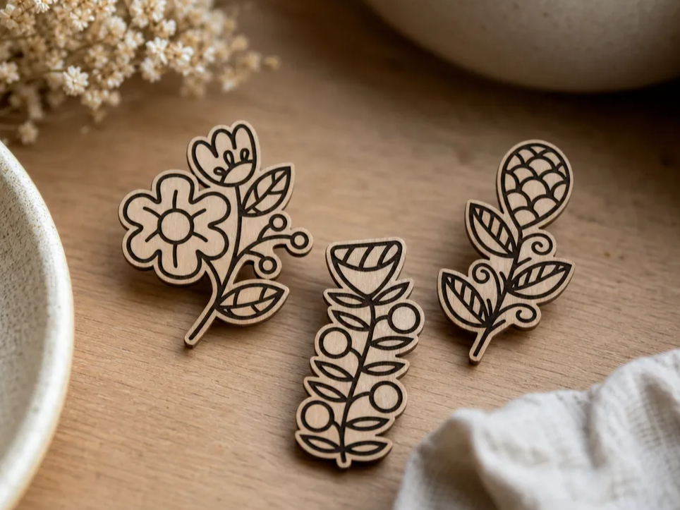 Set of Three Wooden Floral Botanical Pins