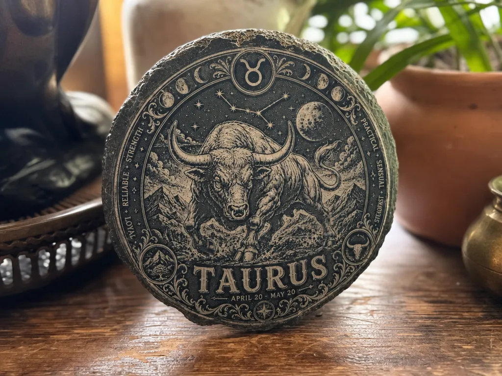 Taurus Zodiac Sign Circular Stone Plaque with Bull Illustration