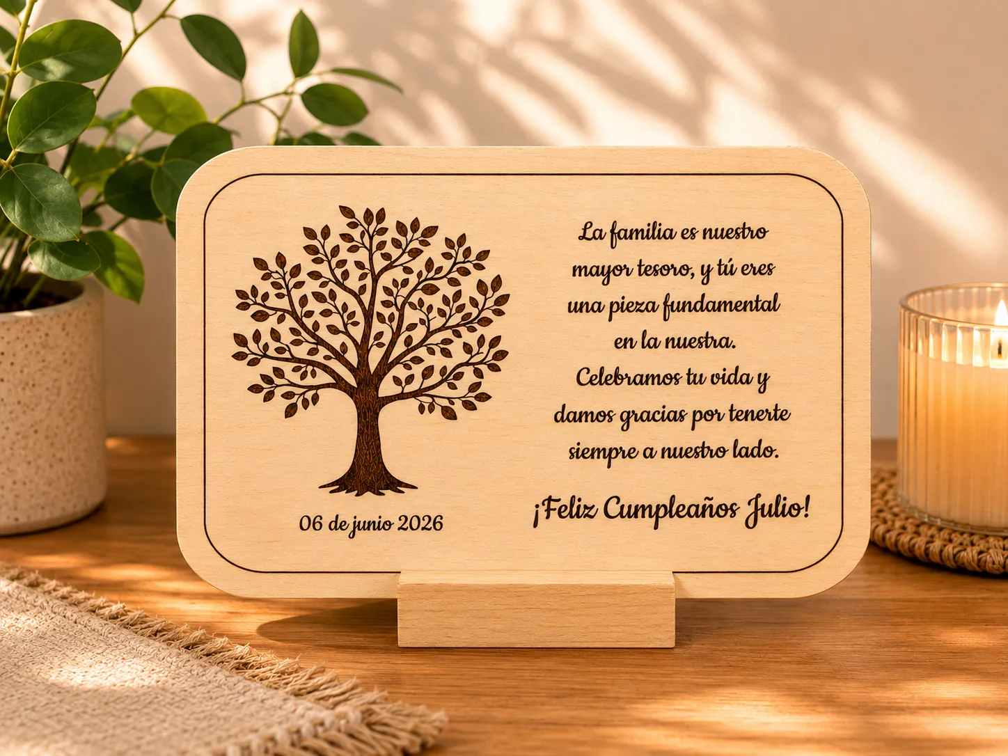 Placa de madera con mensaje familiar y árbol de la vida para cumpleaños