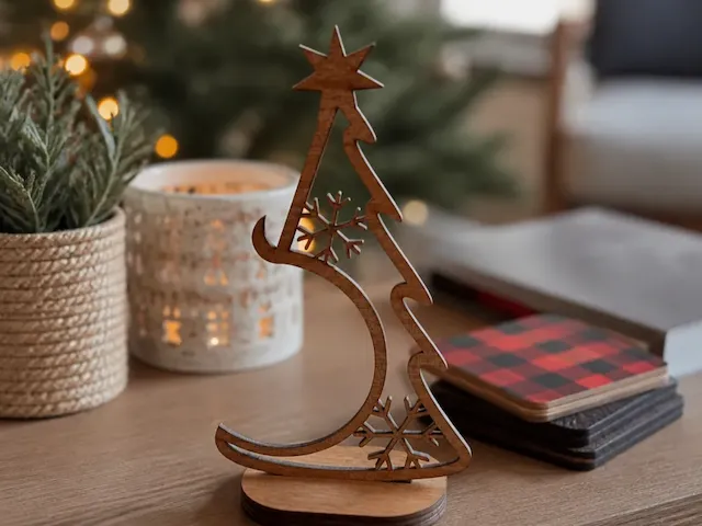 Abstract Wooden Christmas Tree Tabletop Ornament with Snowflake Details