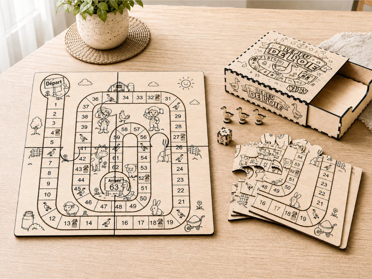 Jeu de l'oie en bois avec plateau puzzle et pions
