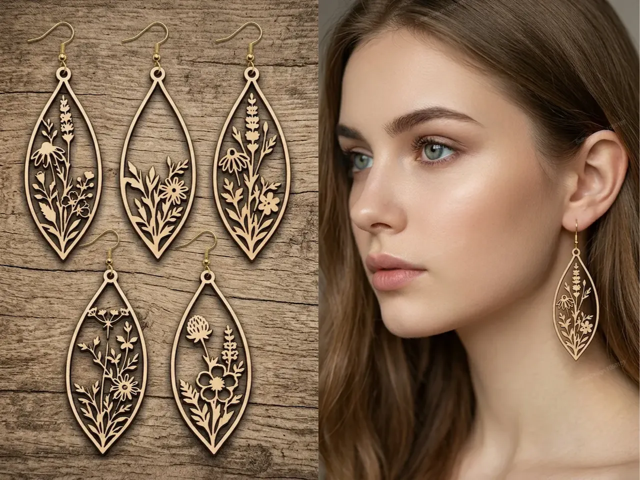 [Laser cut and engrave] Wildflower Botanical Teardrop Earrings