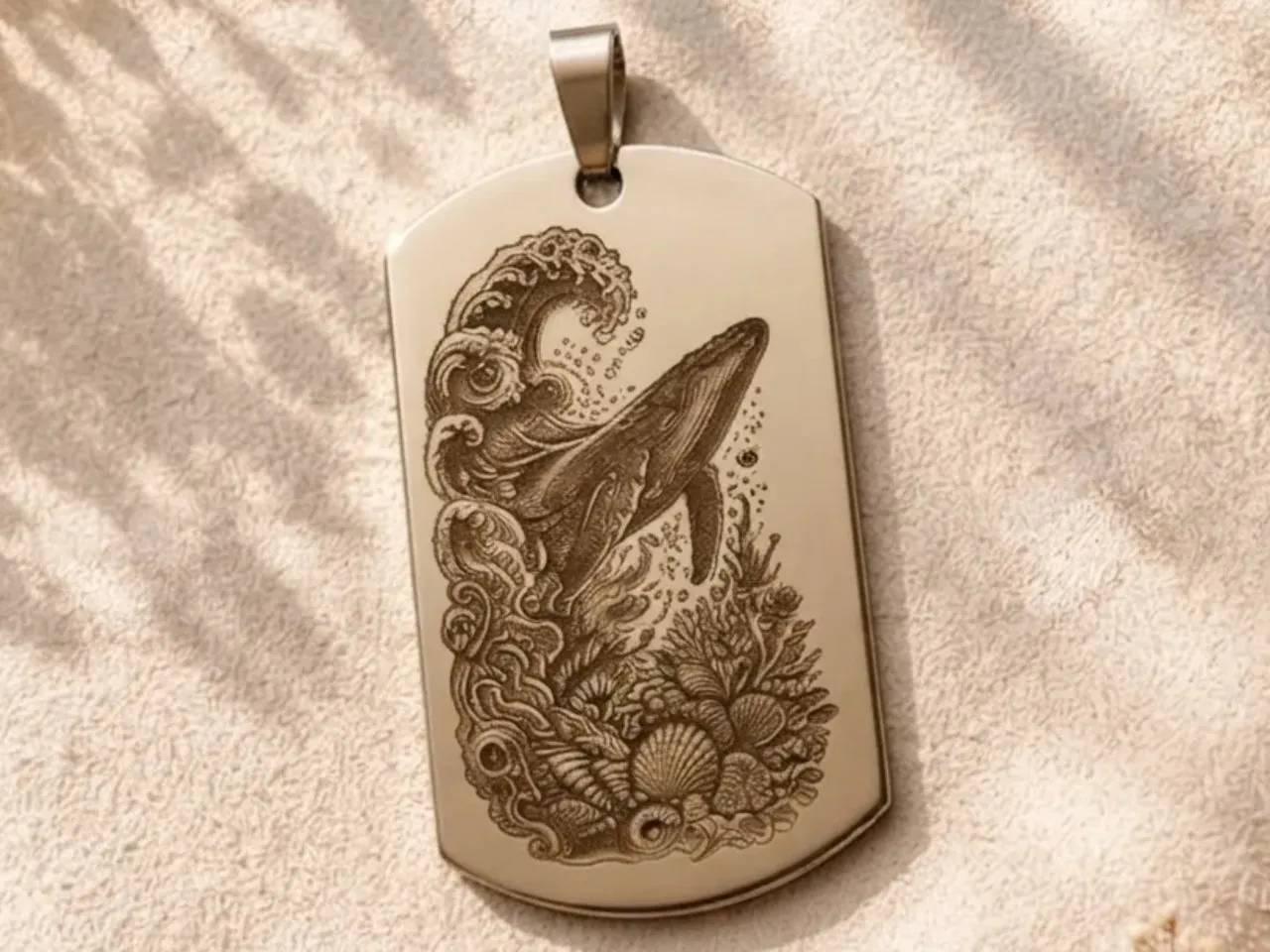 [Laser cut and engrave] Pendentif plaque militaire avec illustration de baleine et vagues