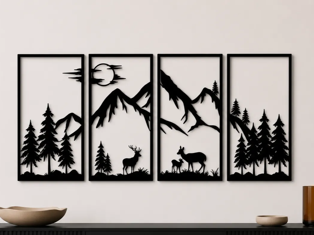 Mountain Forest Wall Art SVG Set | Deer Wildlife Landscape Panels | Nature Laser Cut Decor | Rustic Cabin Wall Art | 4 Panel SVG Digital Download