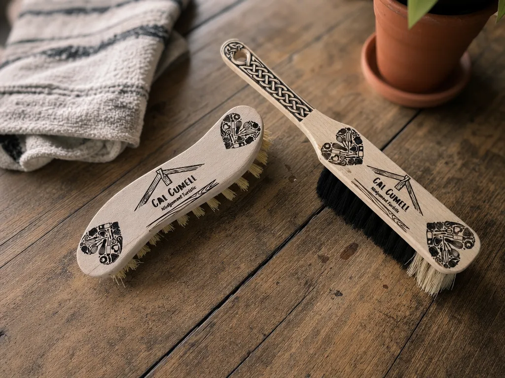 Brosse et balayette en bois avec logo du gîte