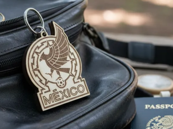 Llavero de madera con escudo de águila y diseño de México