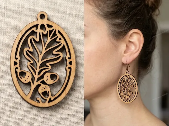 Oval Wooden Earring Featuring Oak Leaf and Acorn Motif