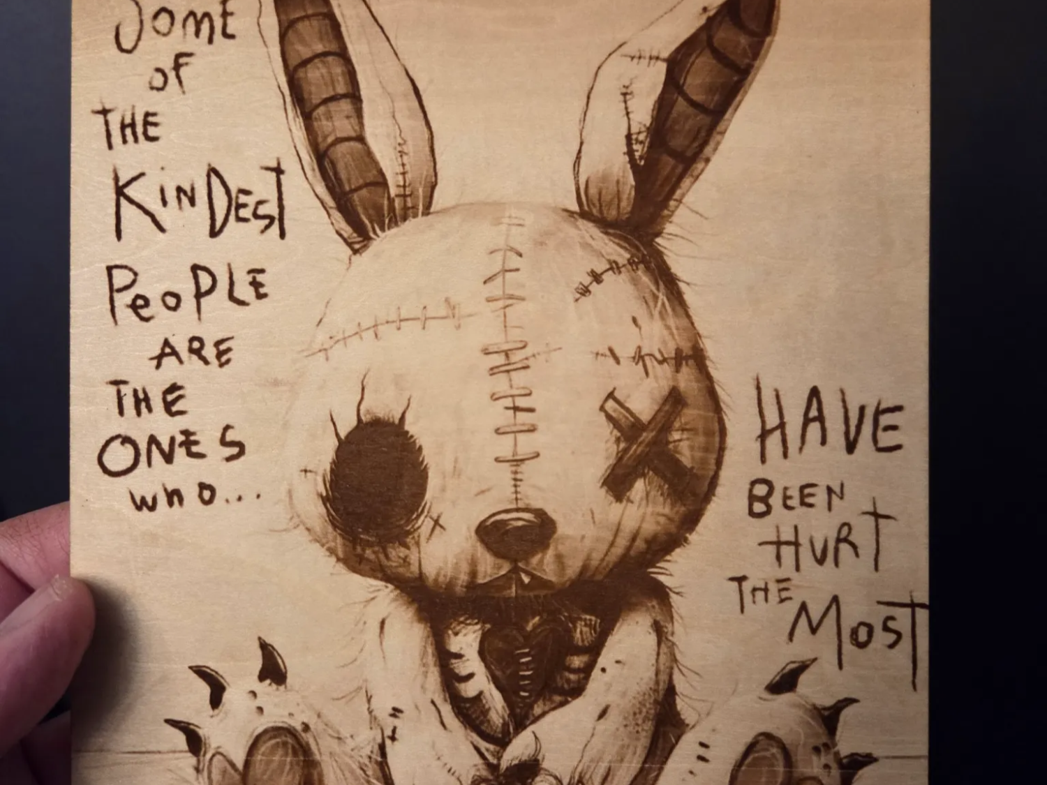Stitched Bunny Illustration with Inspirational Quote on Wood