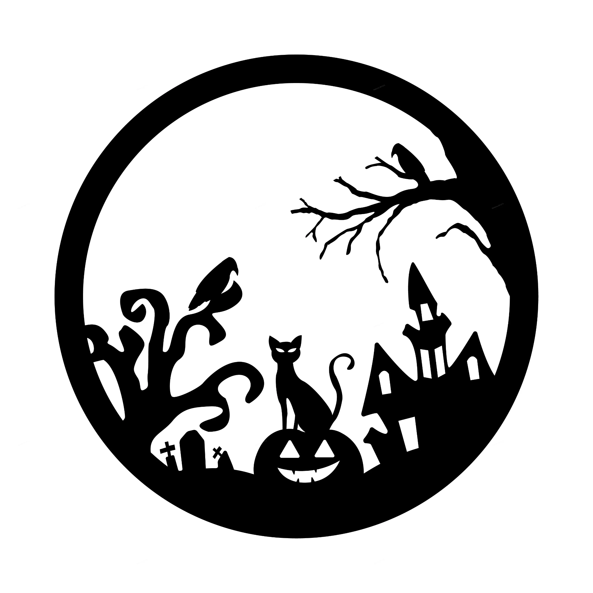 [Laser cut and engrave] Round Halloween Silhouette Wall Sign with Cat and Haunted House