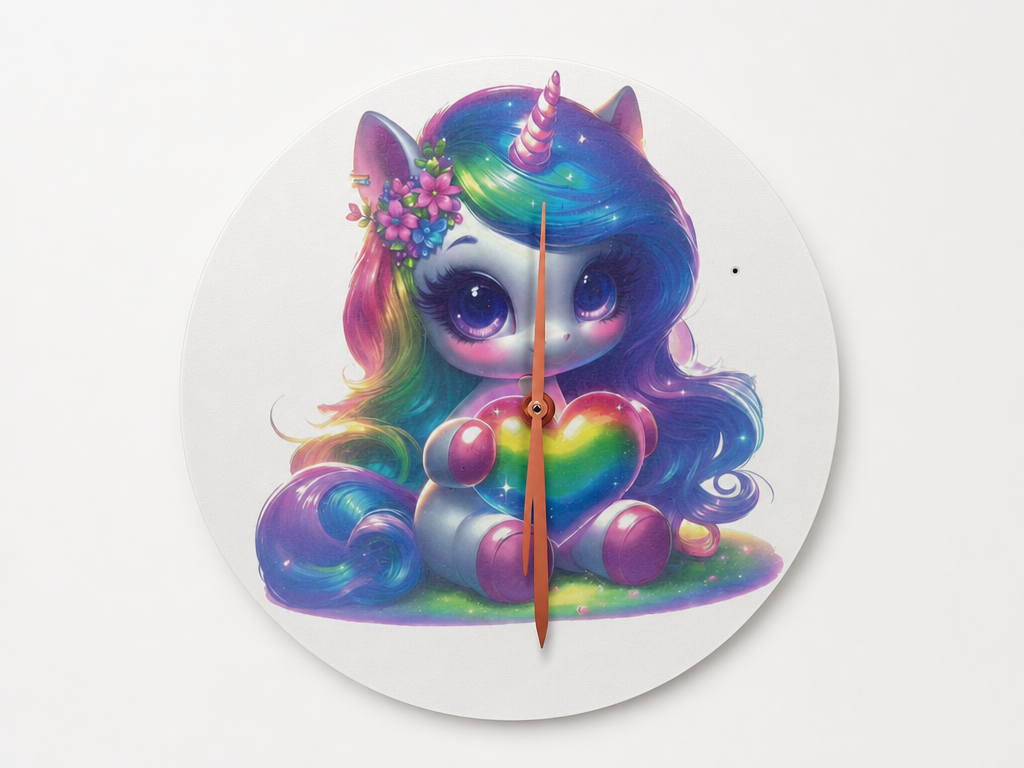 Horloge murale ronde avec illustration de licorne arc-en-ciel