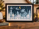[Laser cut and engrave] Framed Layered Paper Art Featuring Santa Claus Flying Over a Winter Village