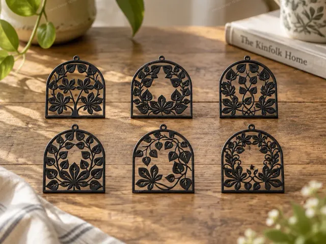 Geometric Wooden Earrings with Intricate Leaf and Botanical Patterns
