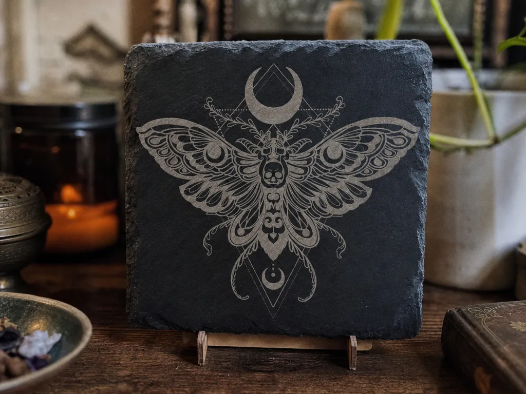 Schieferplatte mit Totenkopf-Motten-Motiv und Mondsymbolen