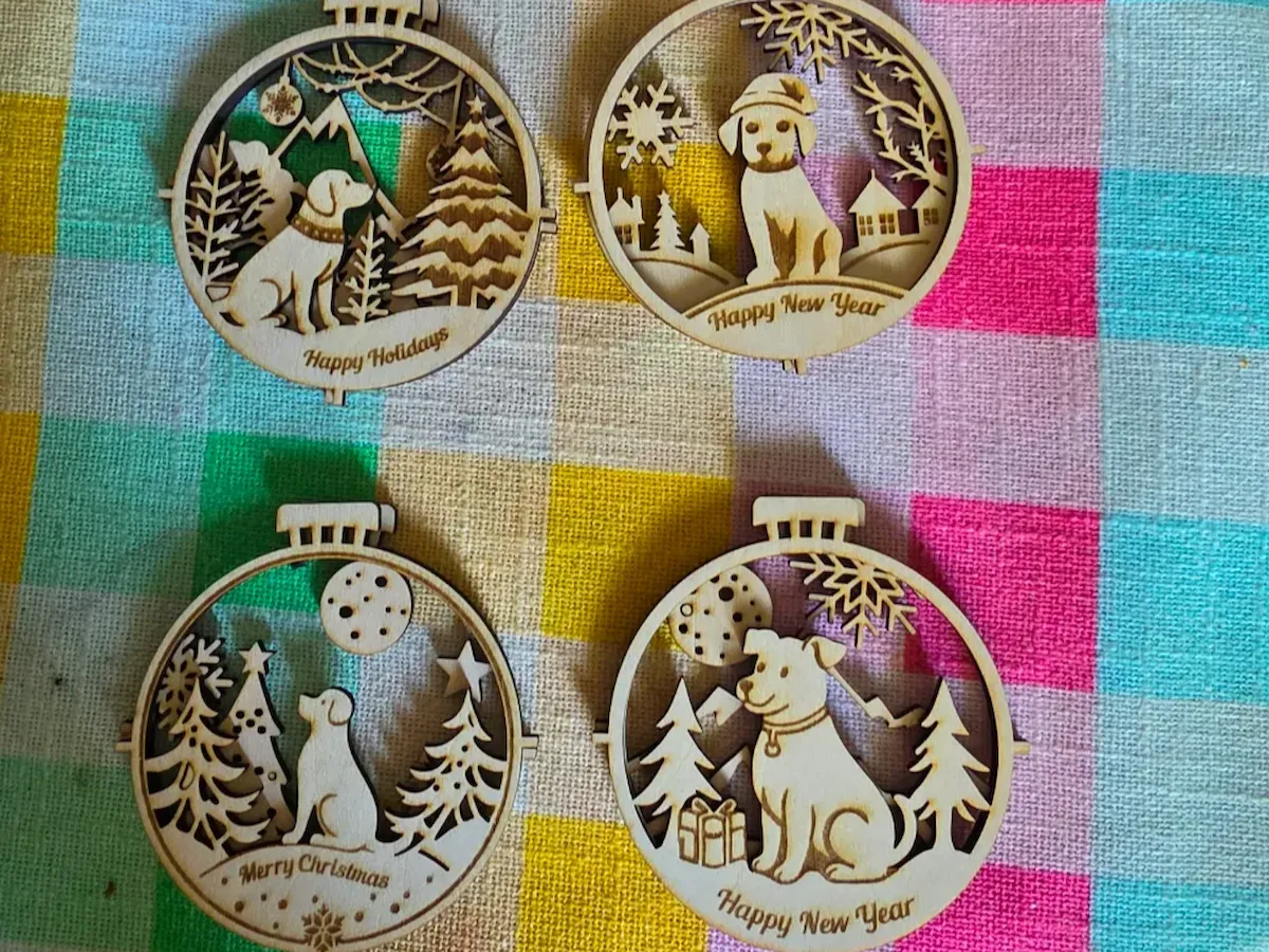 [Laser cut and engrave] Dog Themed Holiday Ornaments with Winter Landscapes