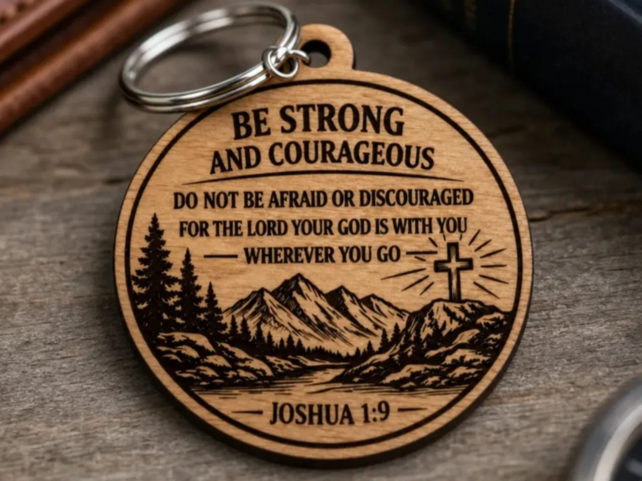 [Laser cut and engrave] Joshua 1:9 Be Strong and Courageous Scripture Keychain