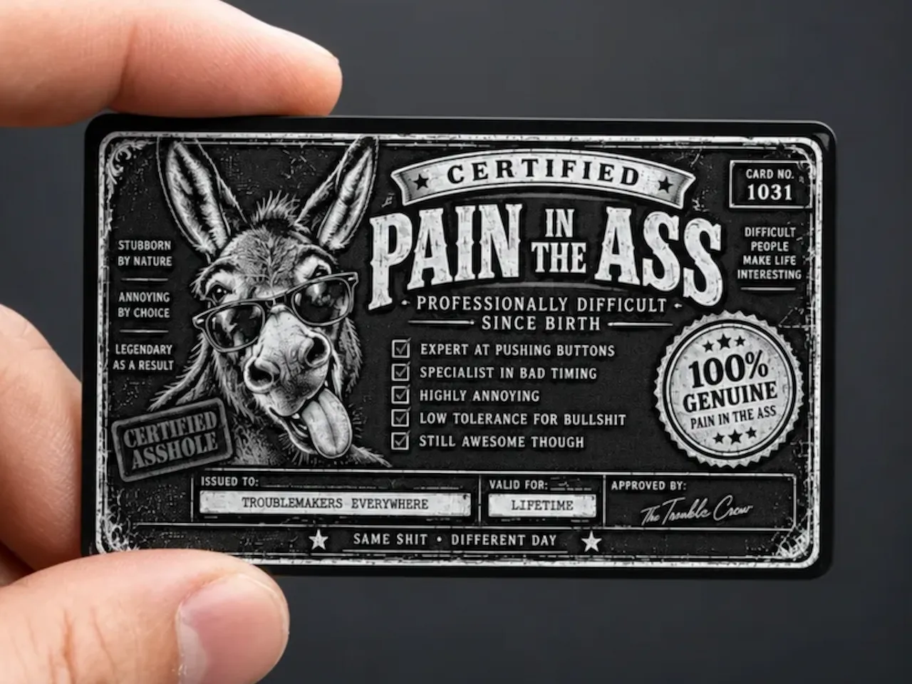 [Laser cut and engrave] Certified Pain in the Ass Novelty Wallet Card with Donkey Illustration