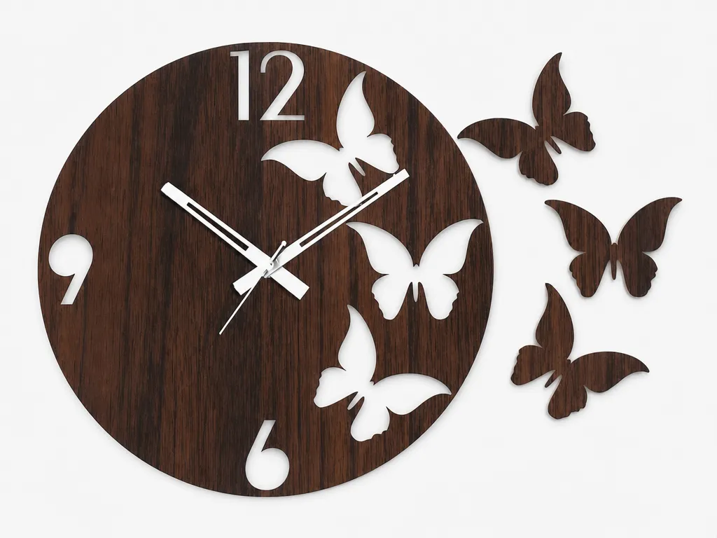 Reloj de pared circular con diseño de mariposas en madera oscura