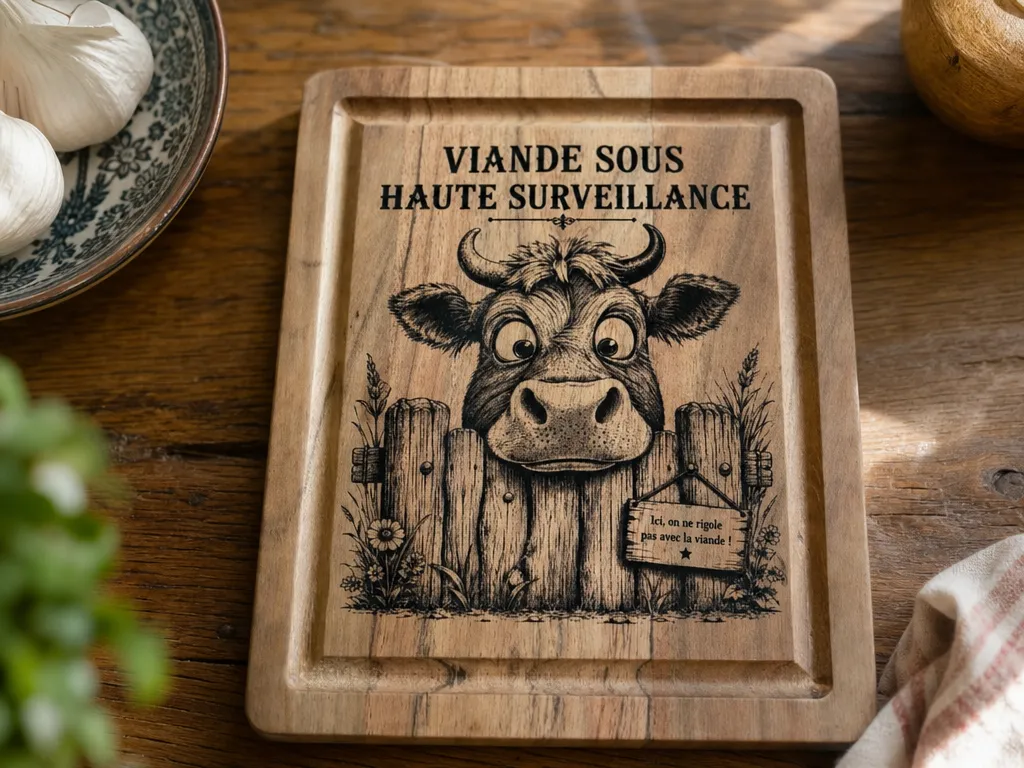 Planche à découper en bois avec illustration de vache humoristique