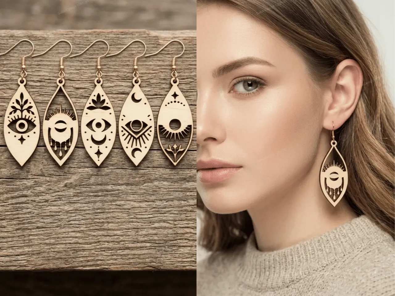 [Laser cut and engrave] Boho Celestial Eye Drop Earrings with Moon and Star Motifs