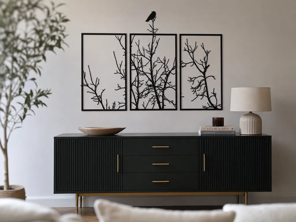 Bird on Branch Wall Art SVG, Nature Panel SVG, Forest Wall Decor, Laser Cut File, Tree Branch Triptych, Bird Silhouette Wall Art