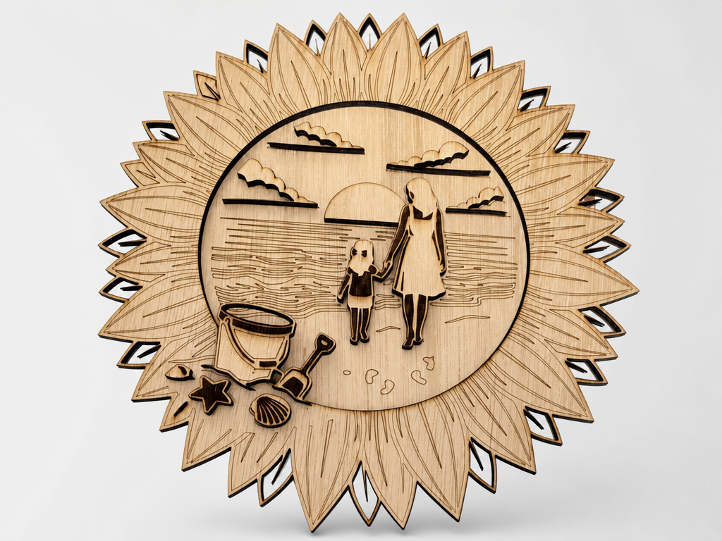 Layered Sunflower Wall Art Featuring Mother and Daughter on the Beach